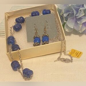 NOS D’Orlan 30” Chain & Earrings w/Blue & Gold “Lapis Lazuli“ Glass Beads; 1970s
